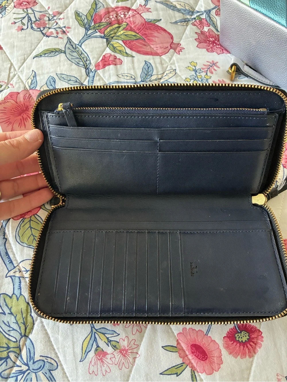 Tory Burch Black Saffiano Leather Zip Wallet with Gold Logo Accent